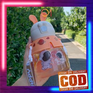 AI-C829 Tempat Minum Anak dengan Sedotan Tali Panjang Anti Pecah Anti Tumpah / Botol Minum Anak 550ML Motif Kelinci Bunny Botol Air Minum Anak