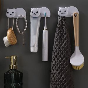 CURRANT 2 in 1 Cat Shaped Toothbrush Holder Non Perforated Wall Mounted Facial Cleanser Storage Clip Convenient Plastic Toothbrush Toothpaste Rack Home