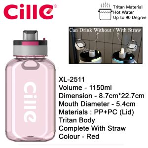 Cille XL-2511 1.15L Square-Shaped Leakproof Tritan BPA-Free Water Bottle c/w Handle