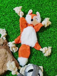 Plush Rope Knot Squirrel Fox Dog Toy with Crinkle Paper & BB Squeaker