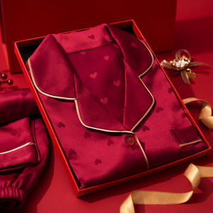 New Red Heart Wedding Pajamas Womens Ice Silk Red Couple Set Spring and Autumn Satin Pjs Soft Thin Nightwear Chinese Red Pajama