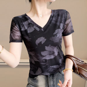 Yimei thời trang Châu Âu in lưới áo Thun Cơ Bản nữ áo thun tay ngắn 2025 kích thước lớn mới giảm béo v-cổ vai áo phong cách hoài cổ mùa hè