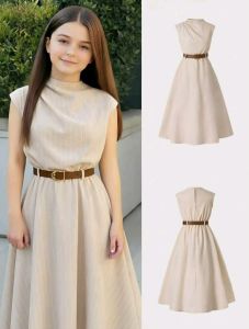 EE Elegant High-Waist A-Line Midi Skirt with Belt for Women - Casual Chic Full Length Skirt