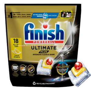 Finish Powerball 18pcs All in1 Ultimate Plus Dishwasher Tablet Sabun Cuci Deterjen Cuci Piring Kapsul Menghilangkan Noda Berminyak Kerak Kering Dan Noda Hangus Capsul