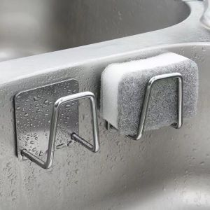 🇸🇬【SG stock】Sponges Holder Kitchen Stainless Steel Sink Sponges Holder Self Adhesive Drain Drying Rack Kitchen Wall Hooks Accessories Storage Organizer Non-slip Sink Accessories Sponges Holder 304 Stainless Steel Drain Drying Rack Storage Organizer