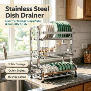 Kitchen Dish Drainer: Three-Tier Reinforced Stainless Steel Kitchen Shelving Unit