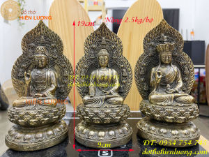 Bộ tam thánh phật cao 20cm bằng đồng hun có lá đề nặng 2.5kg/bộ