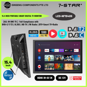 7-STAR* 15.4 Netflix Portable Smart Digital TV Monitor – Built-in Battery | Support Netflix DVB-T2 Miracast | HDMI/AV/USB | DC12V | LED-NF1540S