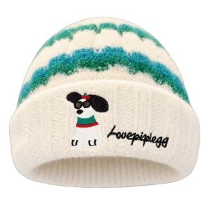 COUPLECOL Thickened Striped Beanie Fluffy Elastic Dog Embroidered Cap Ear Protection Hat Soft Warm Skullcap Outdoor