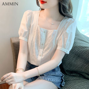 AMMIN summer new womens collar short-sleeved shirt Korean version all-match lace stitching embroidered chiffon top