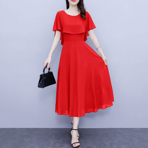 Impression Fashion Women Elegant Korean Chiffon Plain O-neck Short Sleeve Tunic High Waist A-line Plus Size Maxi Dress