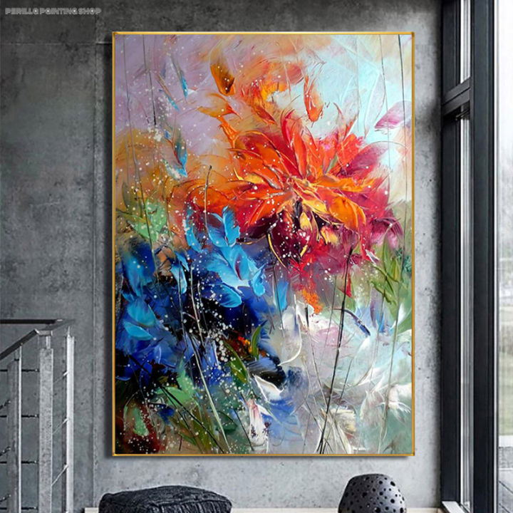 Abstract Watercolour Blue Orange Flower Oil Painting On Canvas