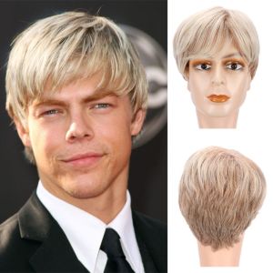 STARGOODS Tóc vàng Tóc giả nam thời trang Cosplay Tóc giả Tóc vàng ngắn Đầu đầy đủ Đẹp trai Tóc giả tổng hợp thẳng nhiều lớp Tiệc hóa trang