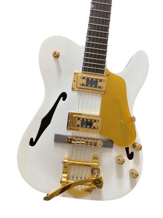 Custom Shop WhiteFender Telecaster Semi Hollow Body กีตาร์ไฟฟ้า F Hole Body Gold B500 Tremolo Bridge