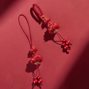 hananre Natural Cinnabar Lotus Car Keychain Chinese Style Lucky Phone Chain Bag Pendant Hanging