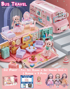 LNR Shop Girls Play House Princess Barbie Doll Model Handbag dan Bus Travel 4 Boneka dengan Lampu LED Full Set Aksesoris Kamar Tidur Ruang Tamu Lemari Bathup Cermin Kaca Tas Baju Gelas Free Goodie Bag Mainan Rumahan Rumahan Anak Perempuan