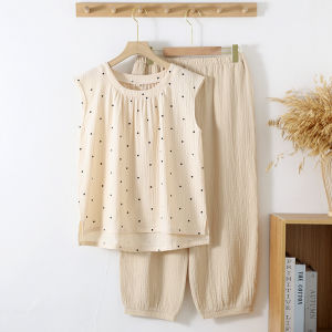 Cotton Cute Sweet Sleeveless Vest Tops with Long Pants 2 Pcs Sleepwear Clothes for Women Summer Thin and Loose Pjamas for Women