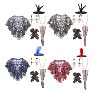 Bộ trang phục flapper thập niên 1920 cho phụ nữ với khăn choàng sequined và phụ kiện Vòng cổ ngọc trai cho các bữa tiệc Gatsby