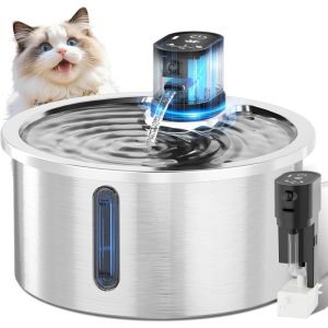 Automatic Wireless Cat Water Fountain 3.2lL 4000mAh Battery Pet Water Dispenser Cordless Stainless Steel Pet Water Fountain with Ultra-Quiet Pump and Filter for Cats Dogs Multiple Pets