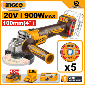 INGCO 20V 4" CORDLESS ANGLE GRINDER | MAX 900W | BRUSHLESS MOTOR | CAGLI261021