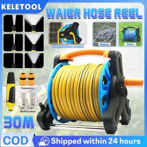 30M Garden Hose Reel Cart Wall Mounted Garden Hose Reel Portable Water Hose Reels Cart Garden Watering Hose Rack Outside Car Washing Flowers