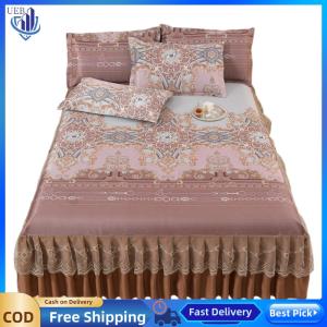[Ueb Wholesale Center] 3pcs Retro Ice Silk Bed Skirt Set Machine Washable Elegant Home Decoration