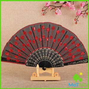 MetMe พัดลูกไม้ ปักด้วยเกล็ดกลิตเตอร์ พัดแต่งขอบลูกไม้สีดำ Lace Folding fan