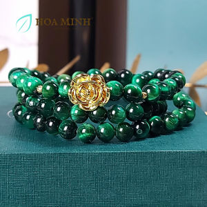 Vòng tay phong thủy chuỗi quấn 3 đá Mắt Hổ xanh lá (có xử lý) size hạt 6 li phối charm hoa hồng vàng xi hợp mệnh Mộc Hỏa | Hoa Minh Gem