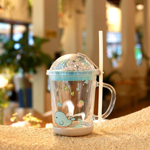 400ml Cartoon Glass Milk Cup Water Cup Coffee Cup with Straw Cup with Handle