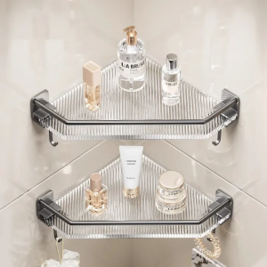 Acrylic Bathroom Storage Rack Wall Hanging Punch-free Toilet Corner Shelf Storage Organize With Hook For Shower Kitchen Toilet Skincare Organizer Bathroom Accessories