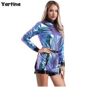 Womens Metallic Shiny Astronaut Costume Outer Space Cadet Alien Robot Cosplay Outfits Zipper Pilots Boyshort Bodysuit Coverall2026
