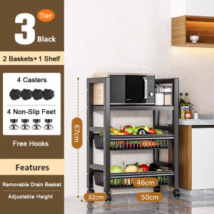 GSlife Kitchen Rack Movable Storage Rack Multi-Functional Metal Rack with Wheels Microwave Rack Carbon Steel Kitchen Organizer Storage Rack