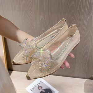 Womens Summer Pointed Toe Mesh Hollow Out Slip-Ons Mules Female Ballet Flats Soft Sole Non Slip Breathable Bow Rhinestone Fashionable Flat Shoes