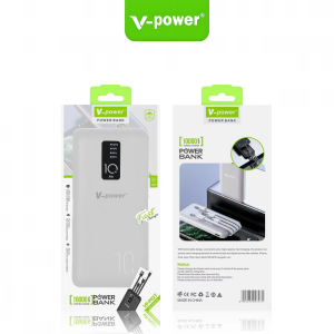 V-POWER VP-P027 10000mAh Universal Power Bank with LED Display and 4 Built-in Cables Fast Charge & Quick Transfer