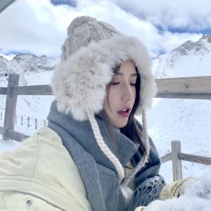 SWEET TIM หมวกกันหนาว winter hat หมวกอุ่น กันลม หมวกขนสัตว์ขนสัตว์ ฤดูหนาวในฤดูหนาว สีทึบทึบ หมวกป้องกันหู ง่ายๆ อบอุ่นและอบอุ่น หมวกถักผู้หญิง สำหรับผู้หญิง