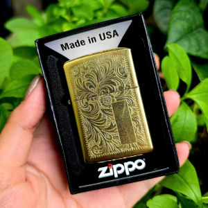 Bật Lửa Zippo Vàng Đồng Hoa Văn Ăn Mòn Ruột Vàng Đời A-24 ( Tặng Đá Bấc ) Hột Quẹt Xăng Đá Zippo