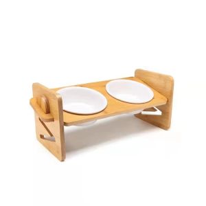 Slanted Adjustable Ceramic Dog and Cat Bowl with Bamboo Stand Non-Spill Food and Water Bowl for Cats and Puppy