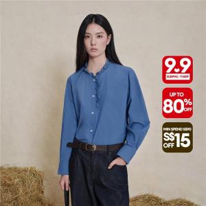 Giordano Women Ruffle mandarin collar long sleeve loose shirt Free Shipping 18346619