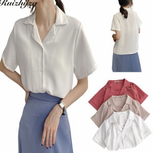 Ruizhijzg Chiffon Plus Siez S-4XL Blouse Shirt For Women Formal Office Summer Female V-Neck Top Loose Short Sleeve Ladies Professional Suit Shirts Solid Color