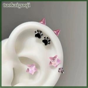 tuokaiguoji Red Zircon Wing Chain Bông tai cho phụ nữ người đàn ông Gothic bạc màu đinh tán Tai xương Nail Earring Y2K đồ trang sức phụ kiện