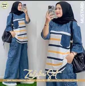 SETELAN WANITA KEKINIAN SALUR DAN SABLON MIX JEANS MODEL CARGO KEKINIAN SETELAN PREMIUM