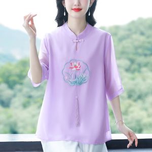 Luckin Store áo cho nữ mùa hè mới chiều dài trung bình tay ngắn áo voan áo thun cỡ lỡn rộng thêu cho nữ cỡ M ~ 4XL