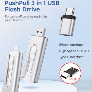 High Speed 1TB 3 in 1 Push Pull USB Flash Drive External Storage for Smartphone Tablet Computer