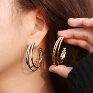 SEQUITO Simple Punk Triple Open Circle Hoop Earrings for Women Trendy Cubic Zircon C Shape Big Loop Earing Jewelry SE359