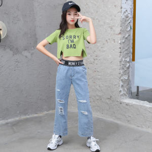 Setelan Anak Perempuan Import Crop variasi Sorry Im Bad Jeans Karet Kulot Ripped Kekinian
