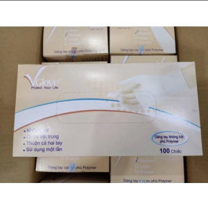Hộp 100 Chiếc (50 Đôi) Găng Tay Y Tế Phủ Polime Latex Không Bột Vglove Khải Hoàn Size SML Phủ Polime 2 Mặt Màu Kem Trắng Dùng Trong Thẩm Mỹ Chế Biến Thực Phẩm Nha Khoa