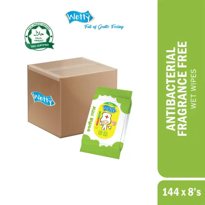 Wetty Mini Antibacterial Wet Wipes Fragrance Free Tuala Basah Mini Antibakteria Tanpa Bau Halal Wet Tissue Tisu Basah (144 x 8s 1 Carton)