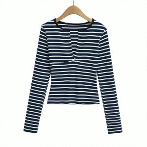 เสื้อยืด เรียบร้อยและหรูหรา แฟชั่น แขนสั้น เสน่ห์ หวานเย็น ปรับปรุงอารมณ์ ลายทาง คอวี รายวัน