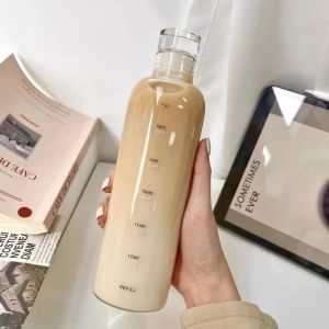Newest Trendy Minimalist 500ML/700Ml Motivational Time Scale Marker Transparent Aesthetic Daily Water Jug & Bottle with Leaf Proof Lid Cover for Ice Coffee Milk Tea Modern Design COD