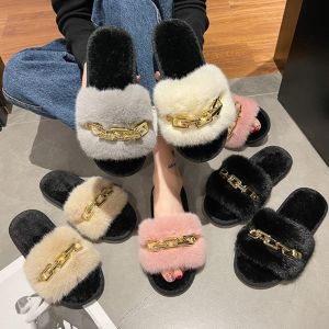 STMEN รองเท้าอุ่นๆ รองเท้า มีขน ปุย สไลด์สไลด์สไลด์ รองเท้าแตะใส่อยู่บ้าน การออกแบบโซ่ รองเท้าครึ่งห้ว รองเท้าแตะตุ๊กตาแบน ลำลองแบบสบายๆ รองเท้าสำหรับเด็ก รองเท้าแตะผู้หญิงรองเท้าแตะ ฤดูหนาวในฤดูหนาว